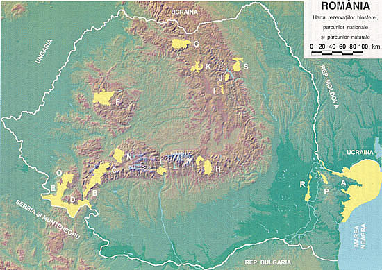 Harta rezervatiilor biosferei, parcurilor nationale si parcurilor naturale